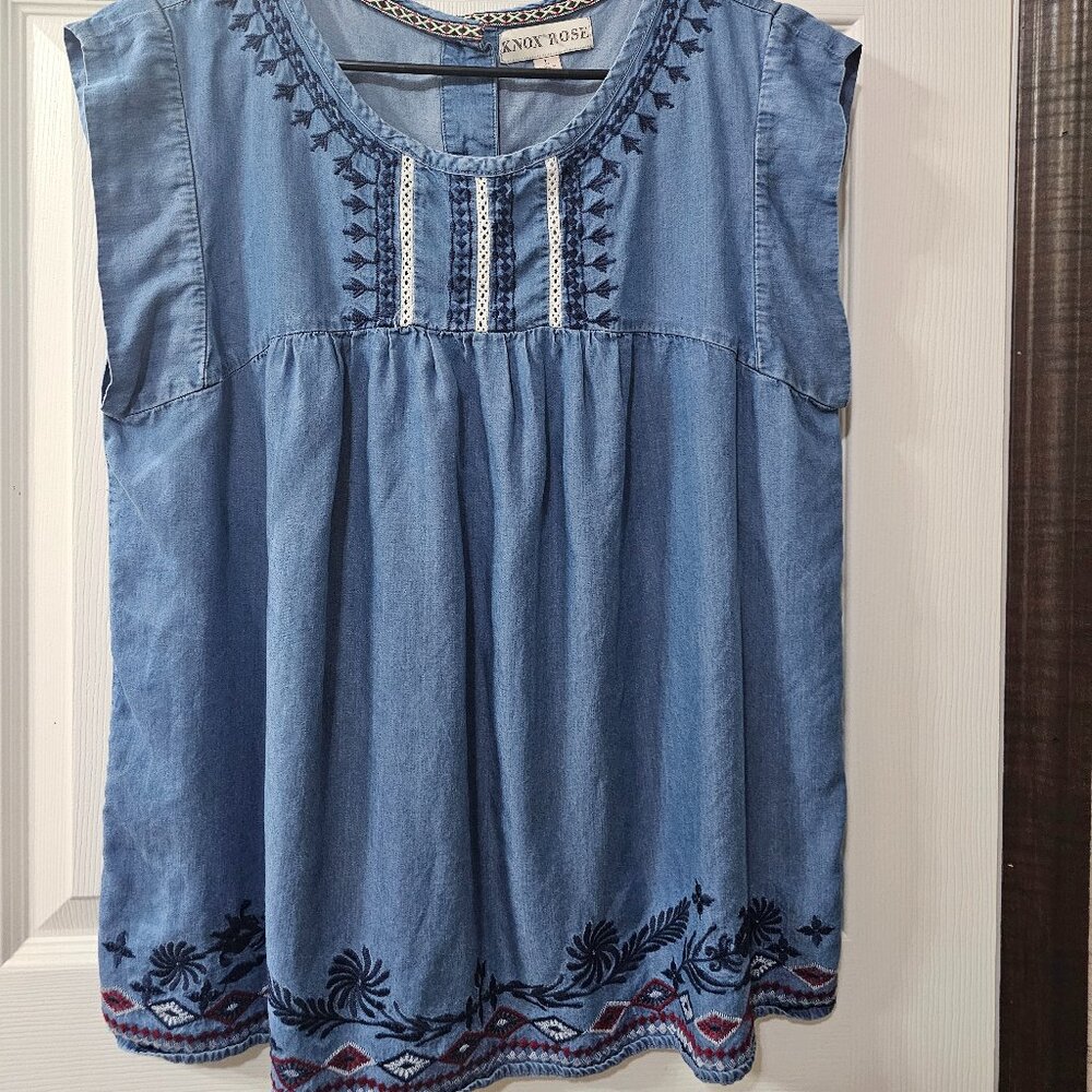 Knox Rose Ladies Embroidered Denim Top Size L